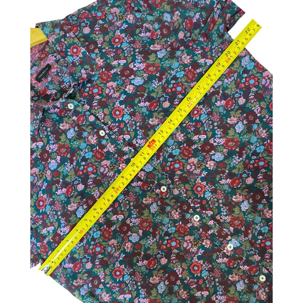 Talbots Womens Floral Button Down Shirt Teal Burgundy Cotton Rayon Size L Fall